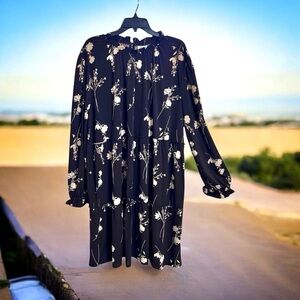 Lularoe Floral 2XL Annabelle Ruffle Tiered Long Sleeve Dress Brown Cream Peasant